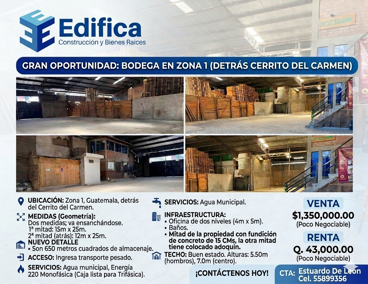 Bodega en venta en Zona 1, detrás del Cerrito del Carmen